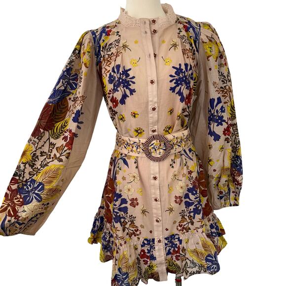Farm Rio Beauty Bouquet Puff-Sleeve Mini Shirt Dress Belted Floral XL NWT - Picture 1 of 16